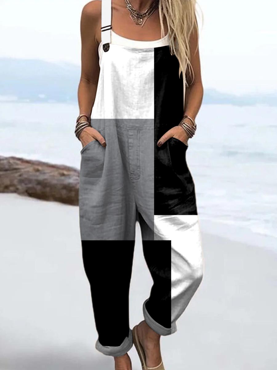 Women's Abstract Geometric Pattern Art Print Casual 100% Cotton Wide Leg Jumpsuit