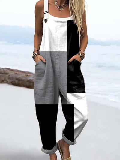 Women's Abstract Geometric Pattern Art Print Casual 100% Cotton Wide Leg Jumpsuit