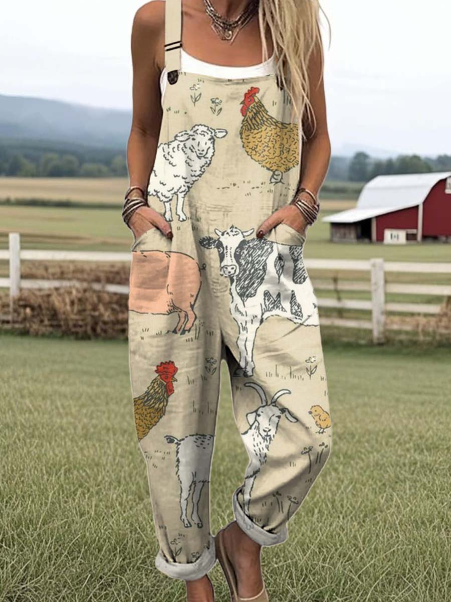 Women's Funny Animals Pattern Art Print Casual 100% Cotton Wide Leg Jumpsuit