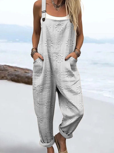 Women's Vintage Floral Pattern Art Print Casual 100% Cotton Wide Leg Jumpsuit