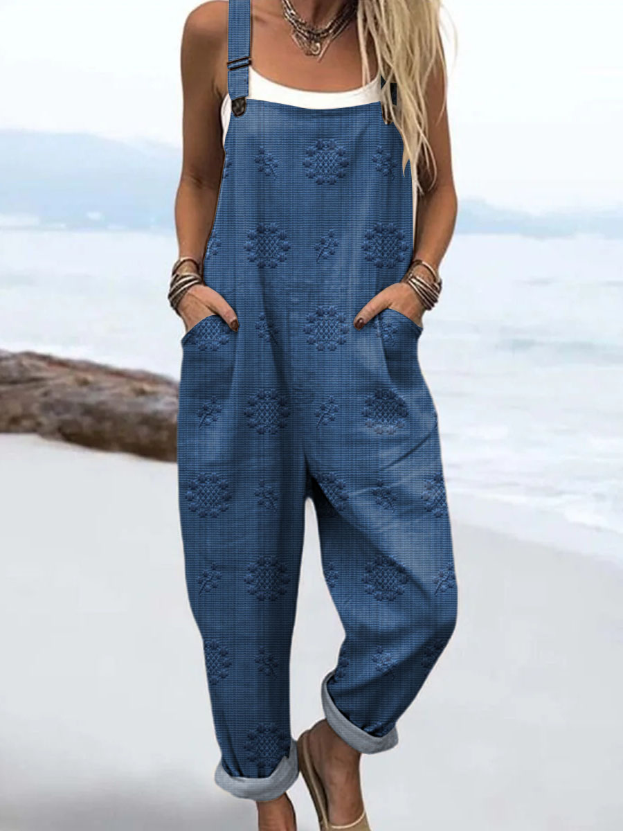 Women's Vintage Floral Pattern Art Print Casual 100% Cotton Wide Leg Jumpsuit