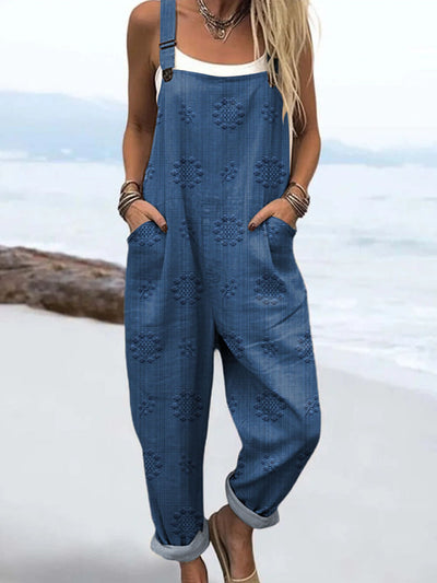 Women's Vintage Floral Pattern Art Print Casual 100% Cotton Wide Leg Jumpsuit