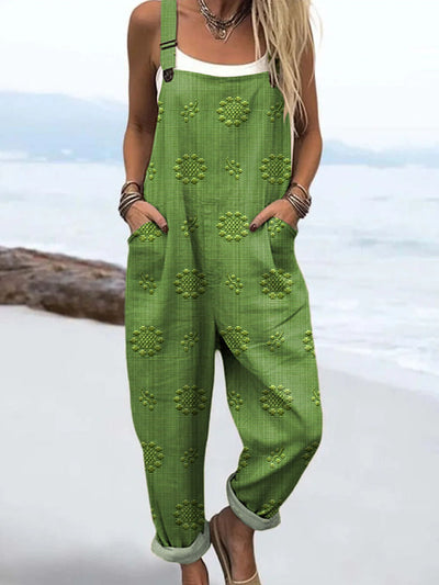 Women's Vintage Floral Pattern Art Print Casual 100% Cotton Wide Leg Jumpsuit