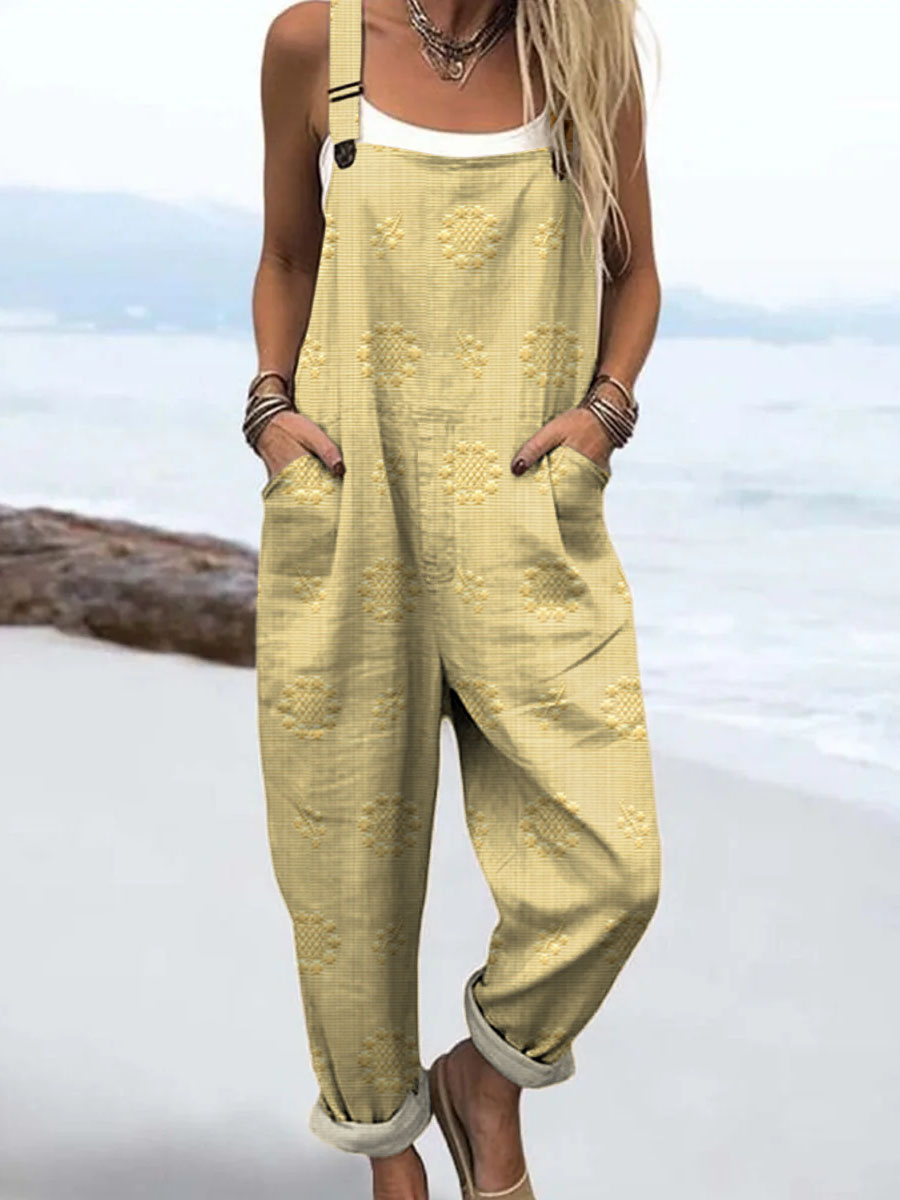 Women's Vintage Floral Pattern Art Print Casual 100% Cotton Wide Leg Jumpsuit