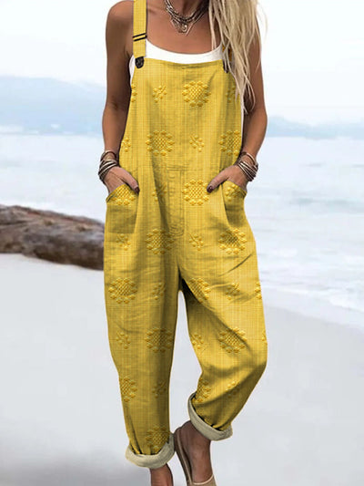 Women's Vintage Floral Pattern Art Print Casual 100% Cotton Wide Leg Jumpsuit