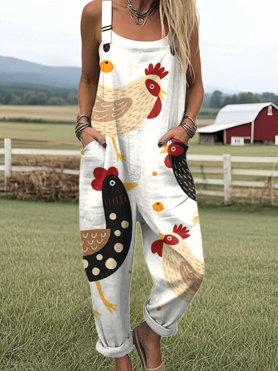 Women's Funny Chick Art Print Casual 100% Cotton Wide Leg Jumpsuit