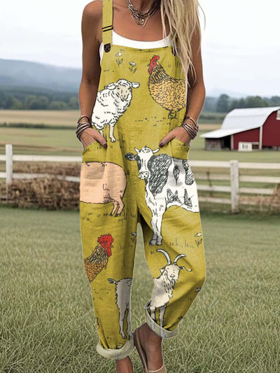 Women's Funny Animals Pattern Art Print Casual 100% Cotton Wide Leg Jumpsuit